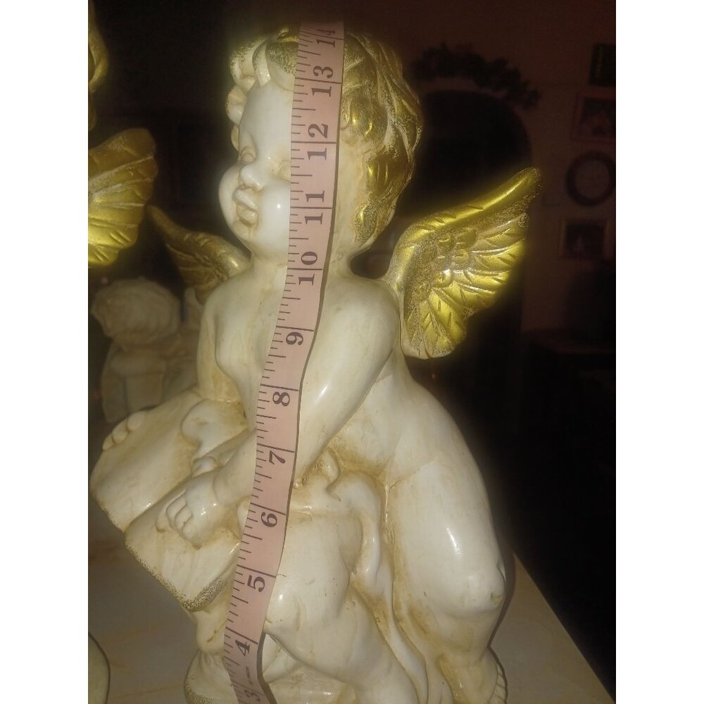 Ceramic Angels Pair White Glazed Antiqued Gold Wings - Picture 7 of 11